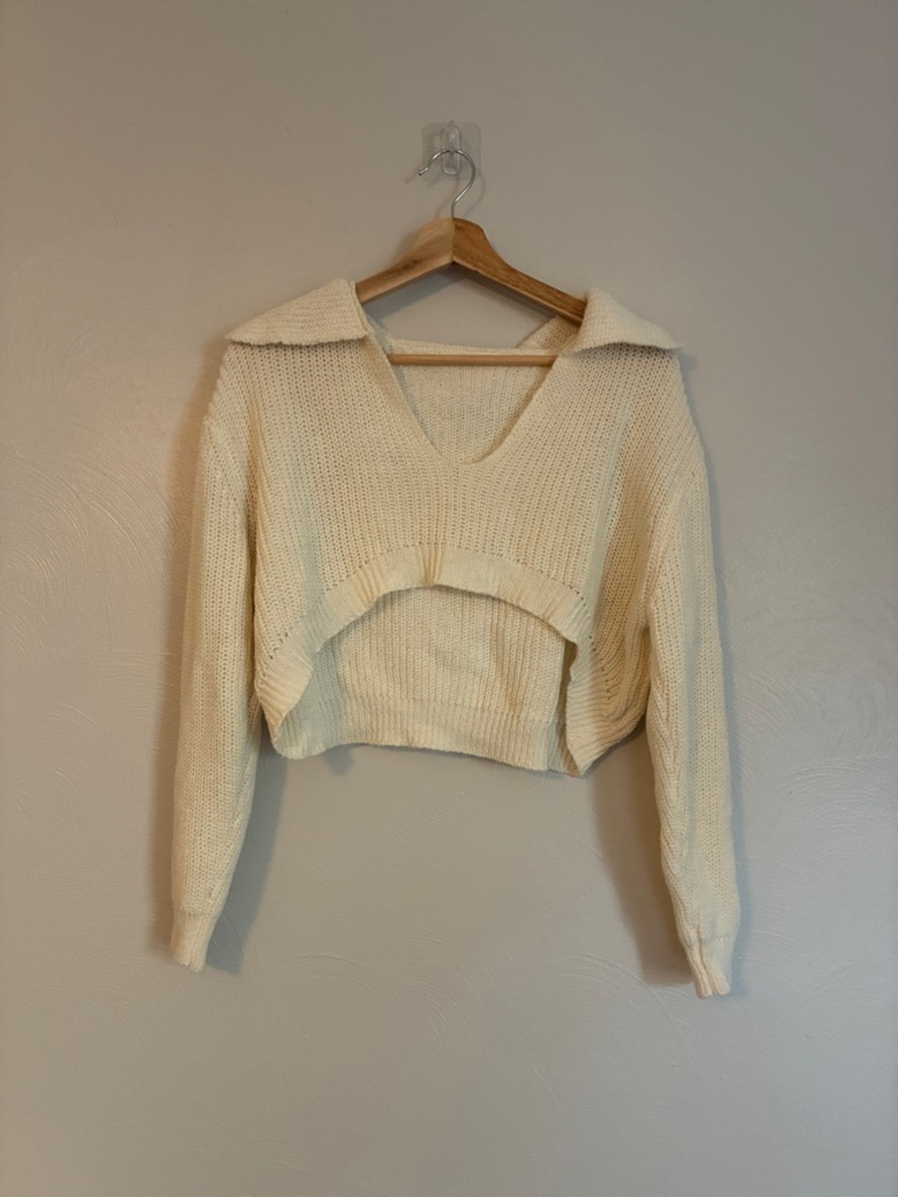 Cider Sweater Women L Cream Ribbed Knit Crop V-Neck Collar Cotton Blend